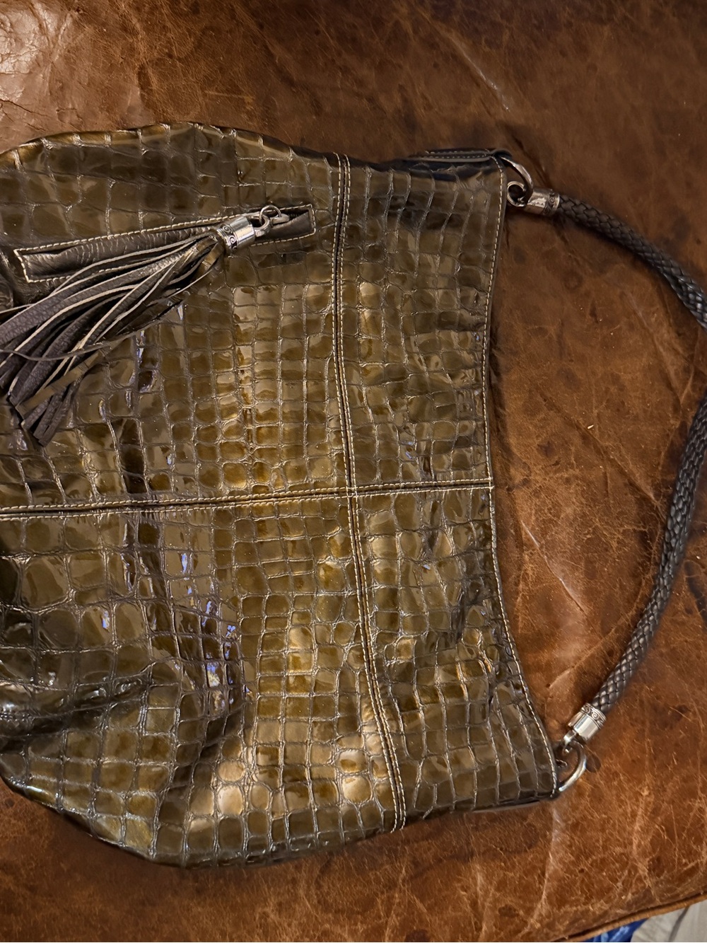 Brighton Olive Green Croc-Embossed Patent Leather Hobo Bag